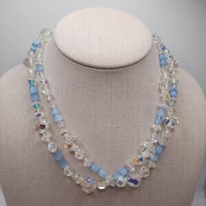 Vintage 1960s AB Crystal Blue Glass Bead Necklace 34 Inch Single Strand